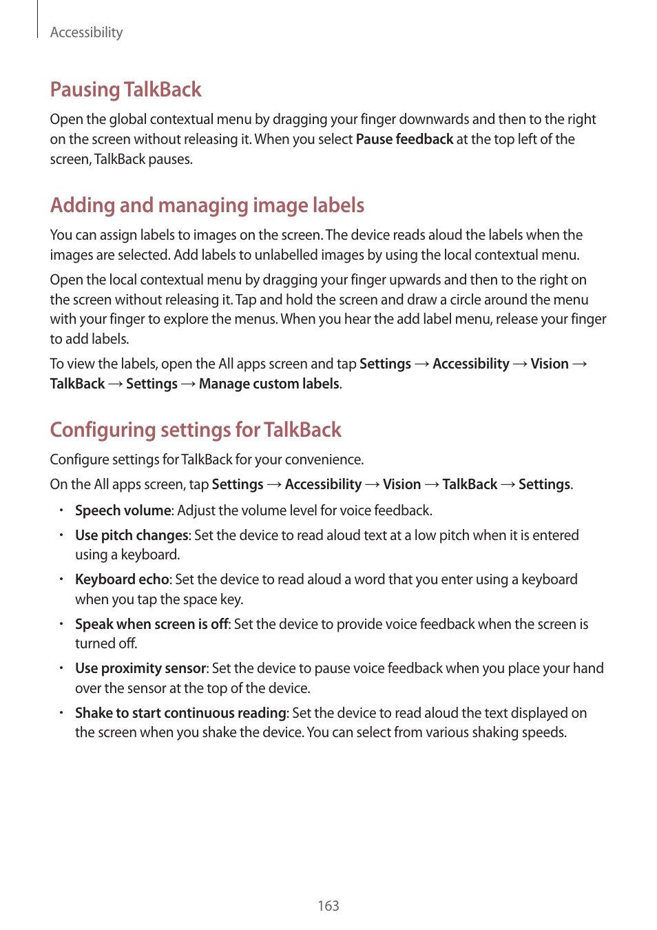Pausing talkback, Adding and managing image labels, Configuring settings for talkback | Samsung Galaxy Note 4 User Manual | Page 163 / 192