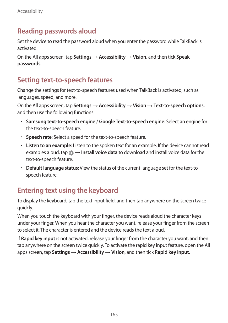 Reading passwords aloud, Setting text-to-speech features, Entering text using the keyboard | Samsung Galaxy Note 4 User Manual | Page 165 / 192