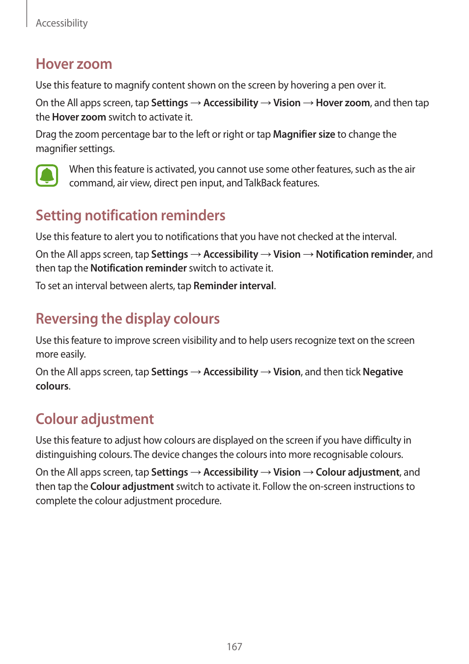 Hover zoom, Setting notification reminders, Reversing the display colours | Colour adjustment | Samsung Galaxy Note 4 User Manual | Page 167 / 192