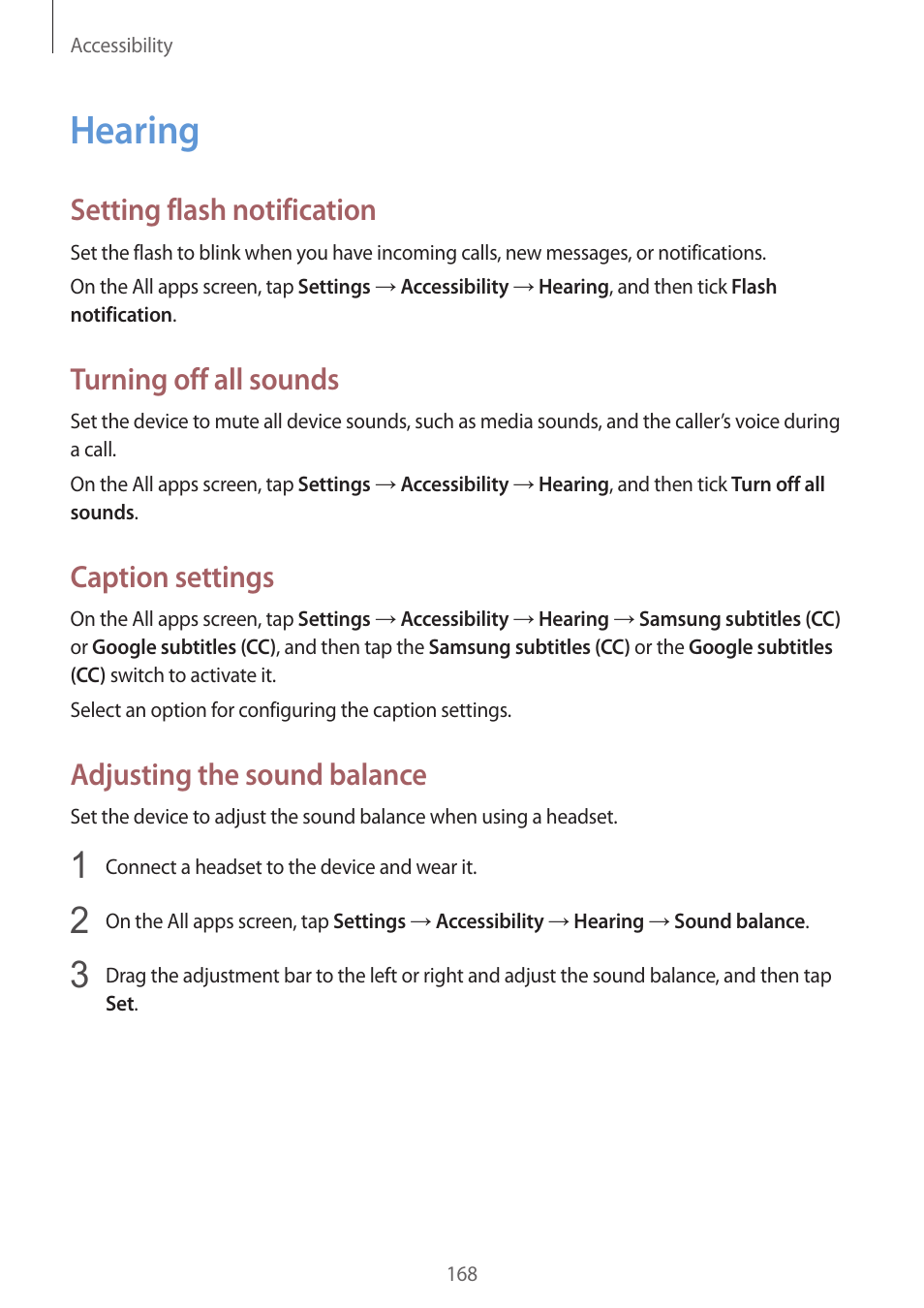 Hearing, 168 hearing, Setting flash notification | Turning off all sounds, Caption settings, Adjusting the sound balance | Samsung Galaxy Note 4 User Manual | Page 168 / 192