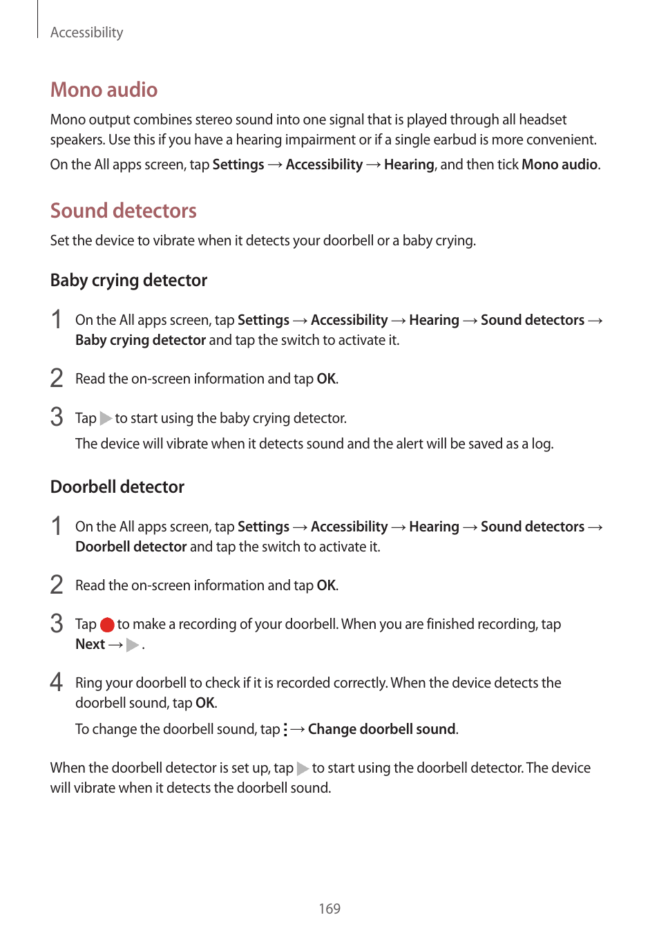 Mono audio, Sound detectors | Samsung Galaxy Note 4 User Manual | Page 169 / 192