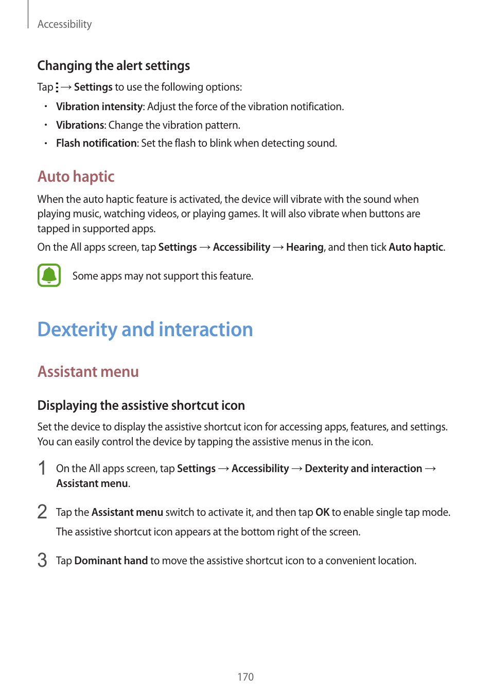 Dexterity and interaction, 170 dexterity and interaction, Auto haptic | Assistant menu | Samsung Galaxy Note 4 User Manual | Page 170 / 192