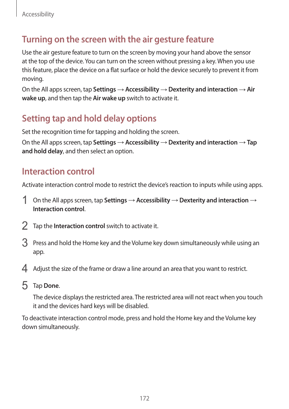 Turning on the screen with the air gesture feature, Setting tap and hold delay options, Interaction control | Samsung Galaxy Note 4 User Manual | Page 172 / 192