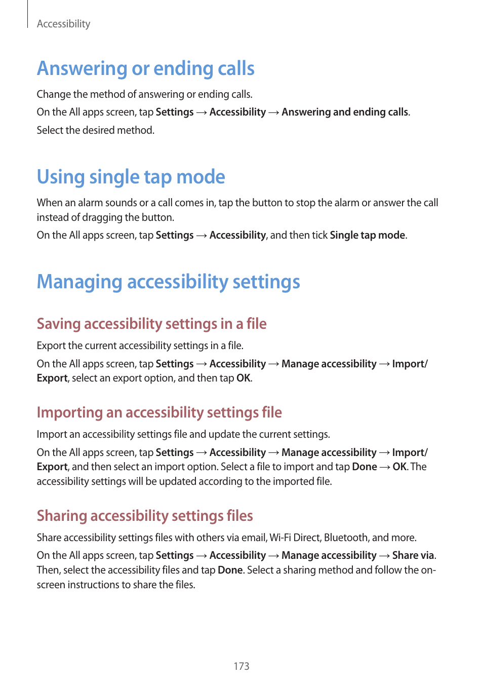 Answering or ending calls, Using single tap mode, Managing accessibility settings | Saving accessibility settings in a file, Importing an accessibility settings file, Sharing accessibility settings files | Samsung Galaxy Note 4 User Manual | Page 173 / 192