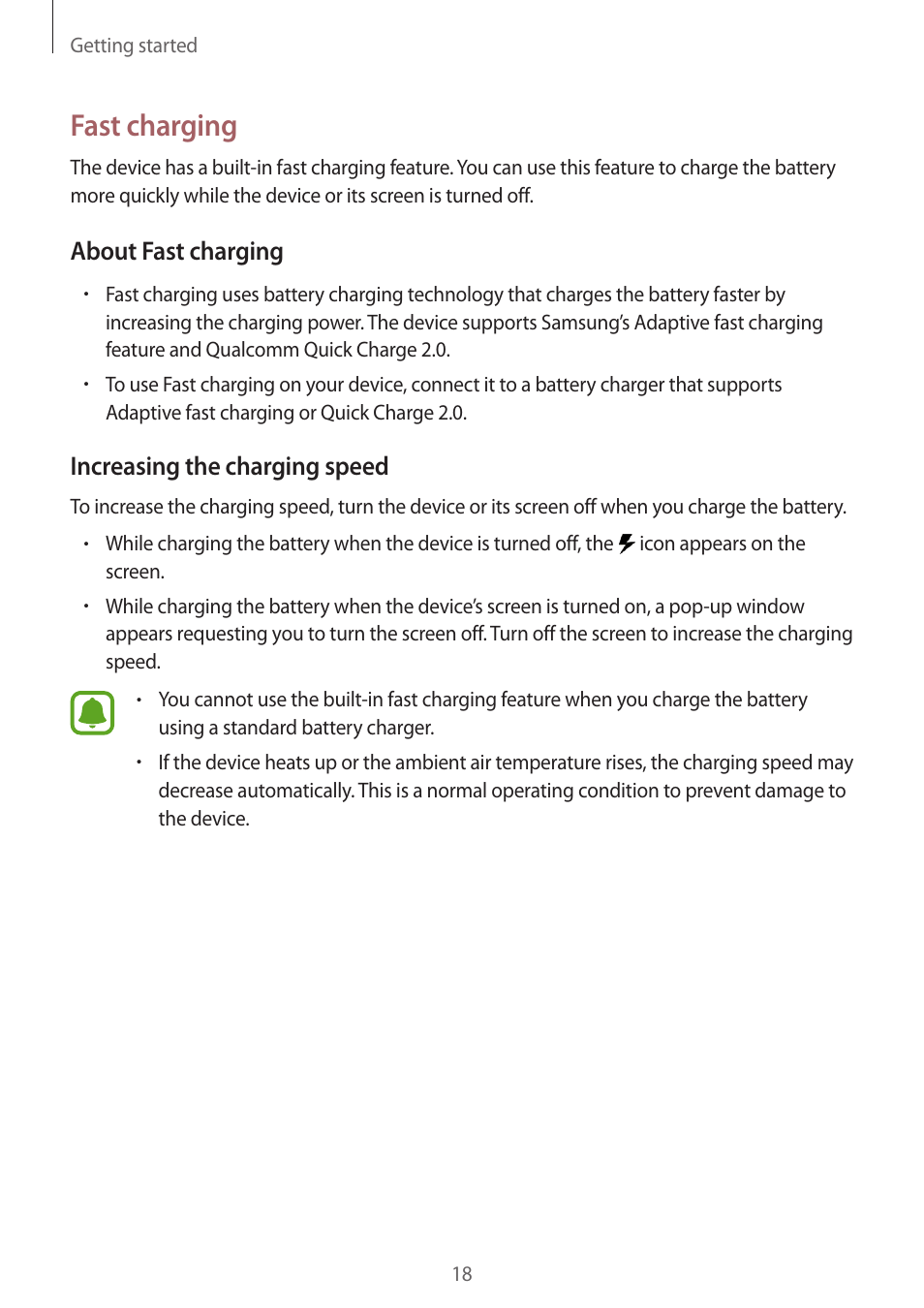 Fast charging, About fast charging, Increasing the charging speed | Samsung Galaxy Note 4 User Manual | Page 18 / 192