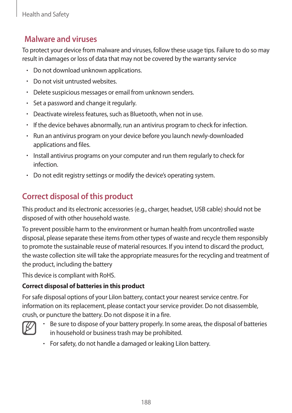 Malware and viruses, Correct disposal of this product | Samsung Galaxy Note 4 User Manual | Page 188 / 192