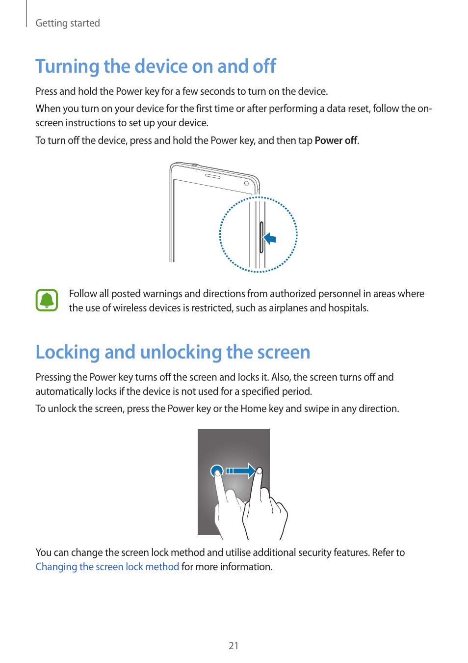 Turning the device on and off, Locking and unlocking the screen | Samsung Galaxy Note 4 User Manual | Page 21 / 192