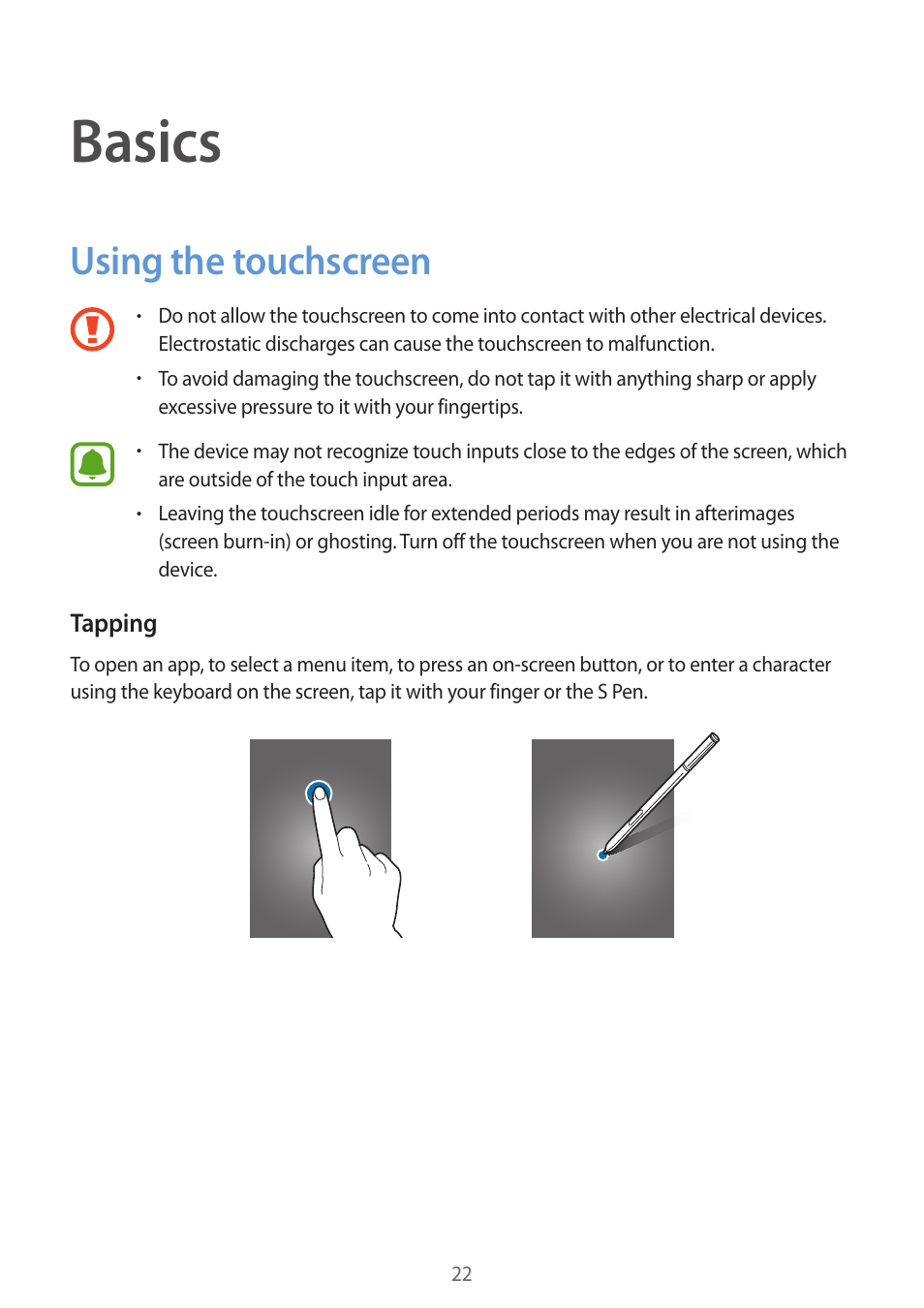 Basics, Using the touchscreen, 22 using the touchscreen | Samsung Galaxy Note 4 User Manual | Page 22 / 192