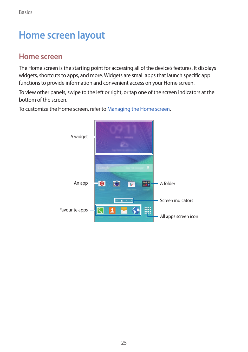 Home screen layout, 25 home screen layout, Home screen | Samsung Galaxy Note 4 User Manual | Page 25 / 192