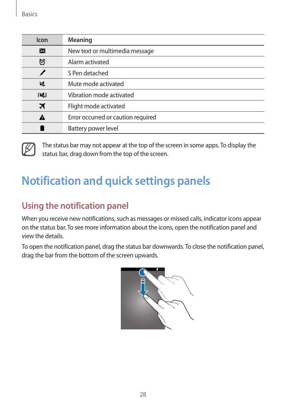 Notification and quick settings panels, 28 notification and quick settings panels, Using the notification panel | Samsung Galaxy Note 4 User Manual | Page 28 / 192