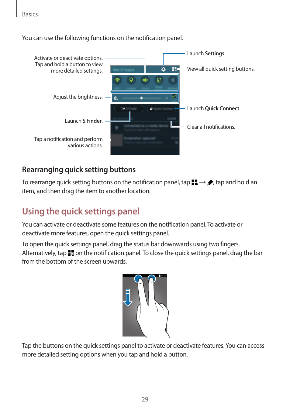 Using the quick settings panel, Rearranging quick setting buttons | Samsung Galaxy Note 4 User Manual | Page 29 / 192