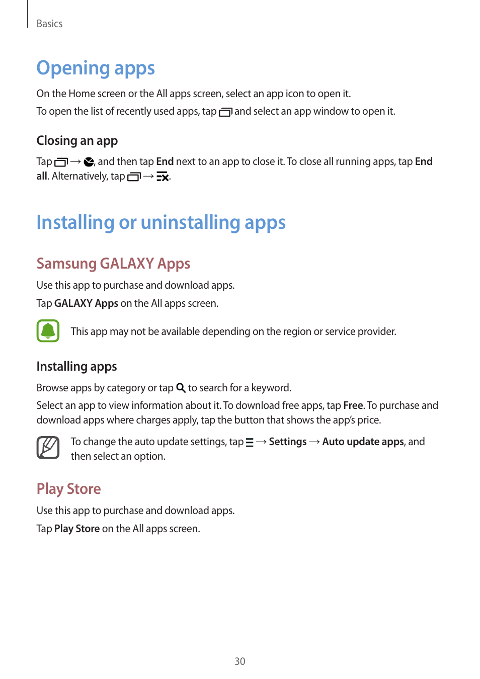 Opening apps, Installing or uninstalling apps, 30 opening apps 30 installing or uninstalling apps | Samsung galaxy apps, Play store | Samsung Galaxy Note 4 User Manual | Page 30 / 192
