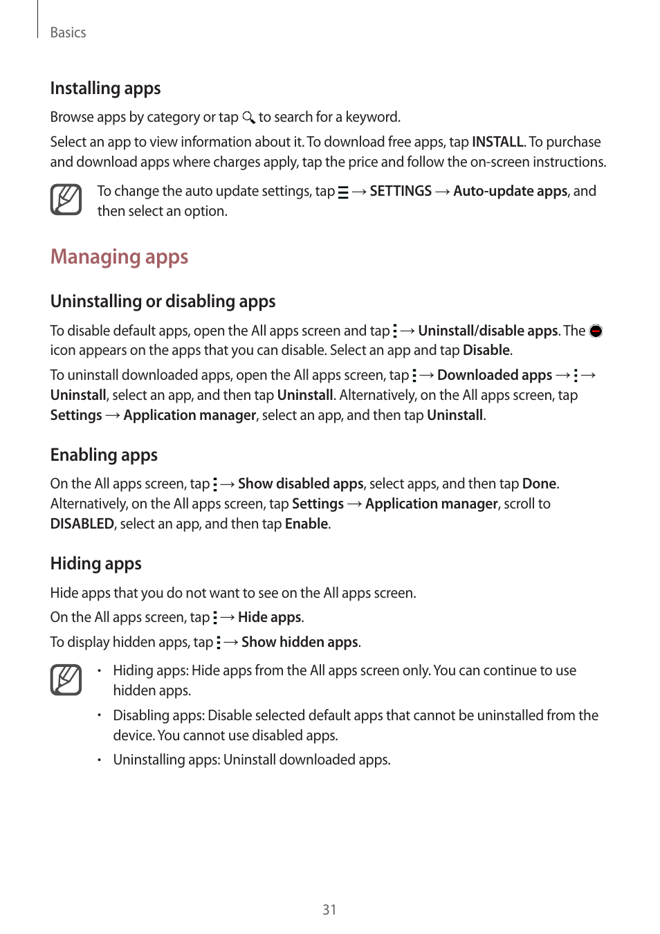 Managing apps, Installing apps, Uninstalling or disabling apps | Enabling apps, Hiding apps | Samsung Galaxy Note 4 User Manual | Page 31 / 192