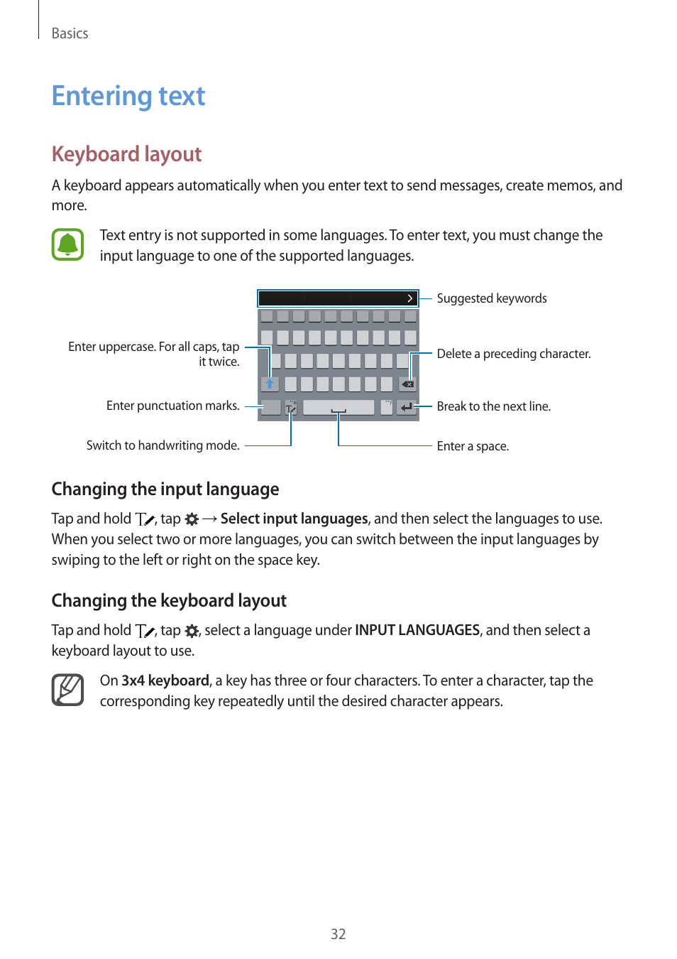 Entering text, 32 entering text, Keyboard layout | Changing the input language, Changing the keyboard layout | Samsung Galaxy Note 4 User Manual | Page 32 / 192