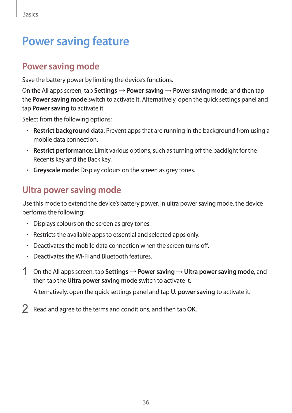Power saving feature, 36 power saving feature, Power saving mode | Ultra power saving mode | Samsung Galaxy Note 4 User Manual | Page 36 / 192