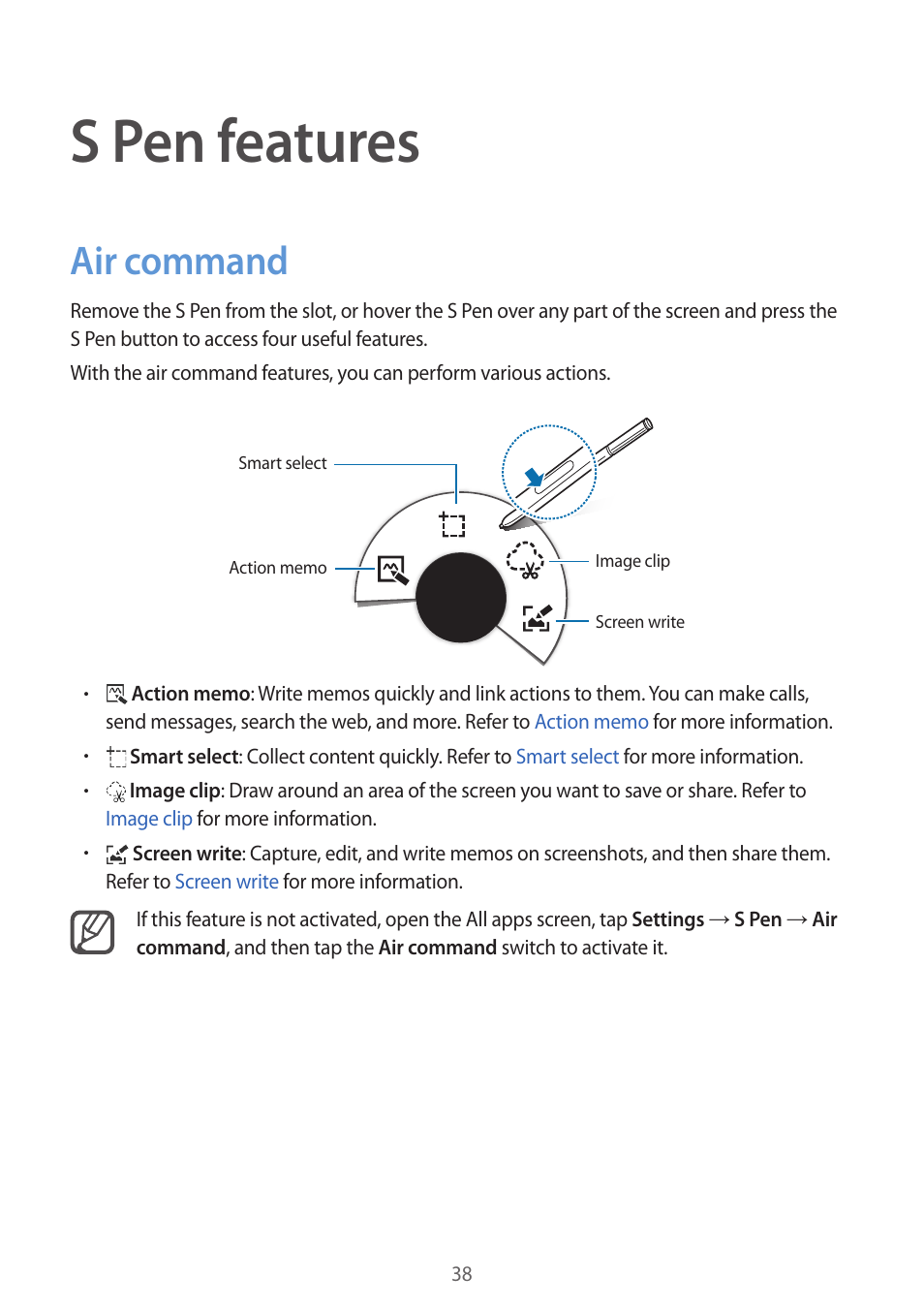 S pen features, Air command, 38 air command | Samsung Galaxy Note 4 User Manual | Page 38 / 192
