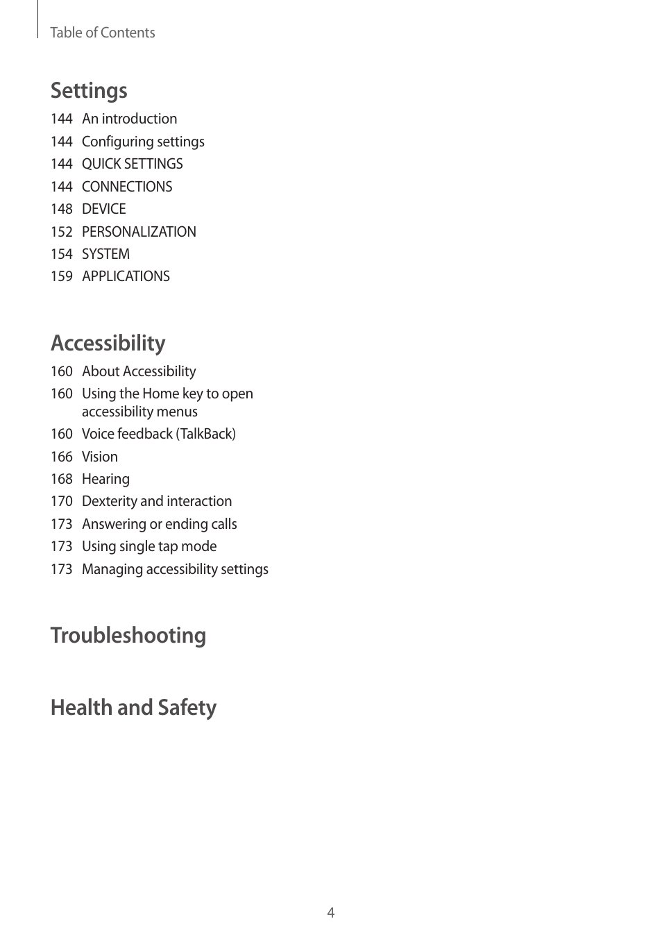 Settings, Accessibility, Troubleshooting health and safety | Samsung Galaxy Note 4 User Manual | Page 4 / 192