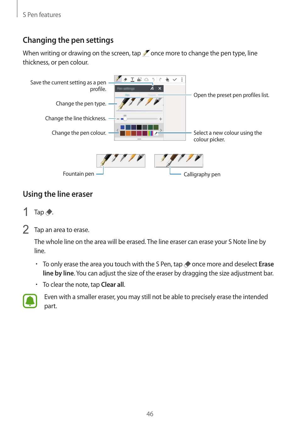 Changing the pen settings, Using the line eraser | Samsung Galaxy Note 4 User Manual | Page 46 / 192