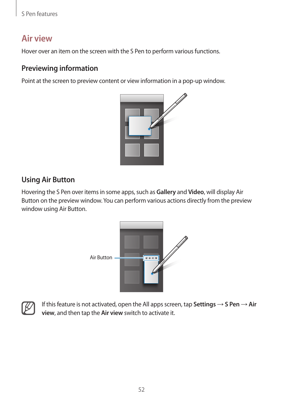 Air view, Previewing information, Using air button | Samsung Galaxy Note 4 User Manual | Page 52 / 192