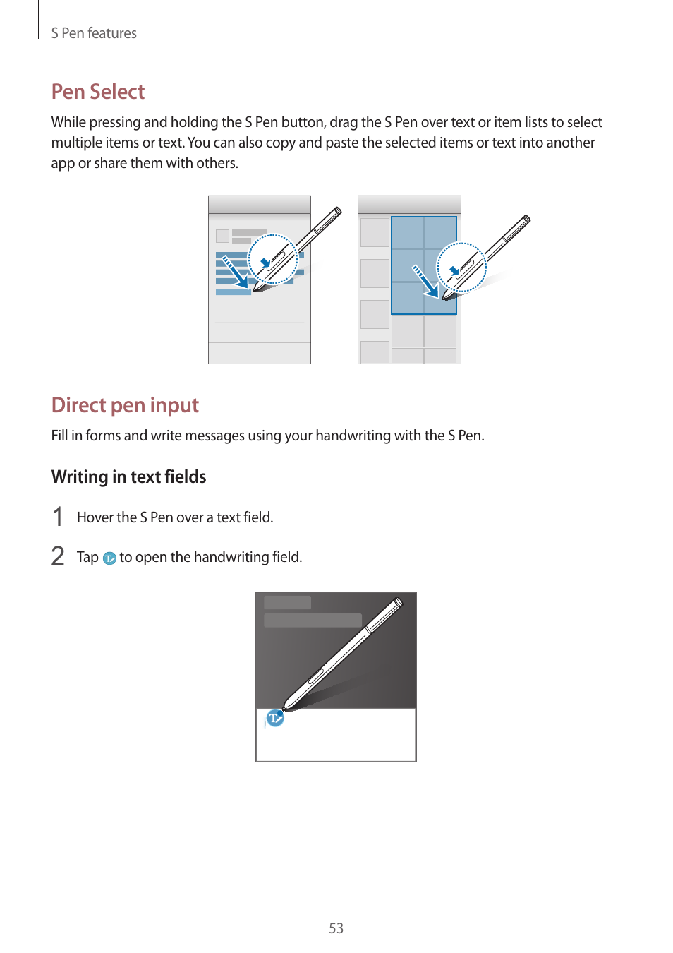 Pen select, Direct pen input | Samsung Galaxy Note 4 User Manual | Page 53 / 192