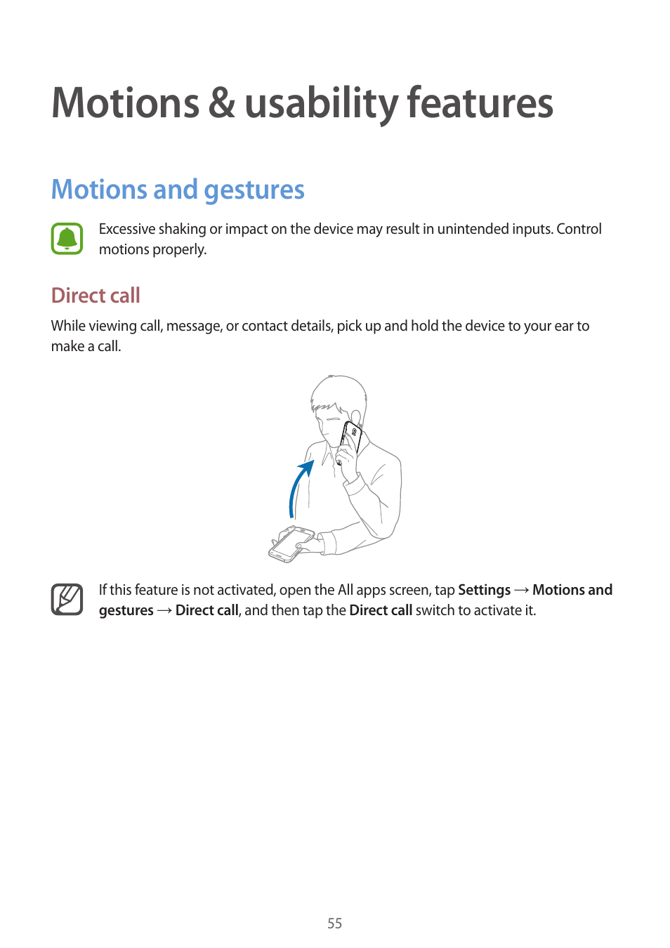 Motions & usability features, Motions and gestures, 55 motions and gestures | Samsung Galaxy Note 4 User Manual | Page 55 / 192