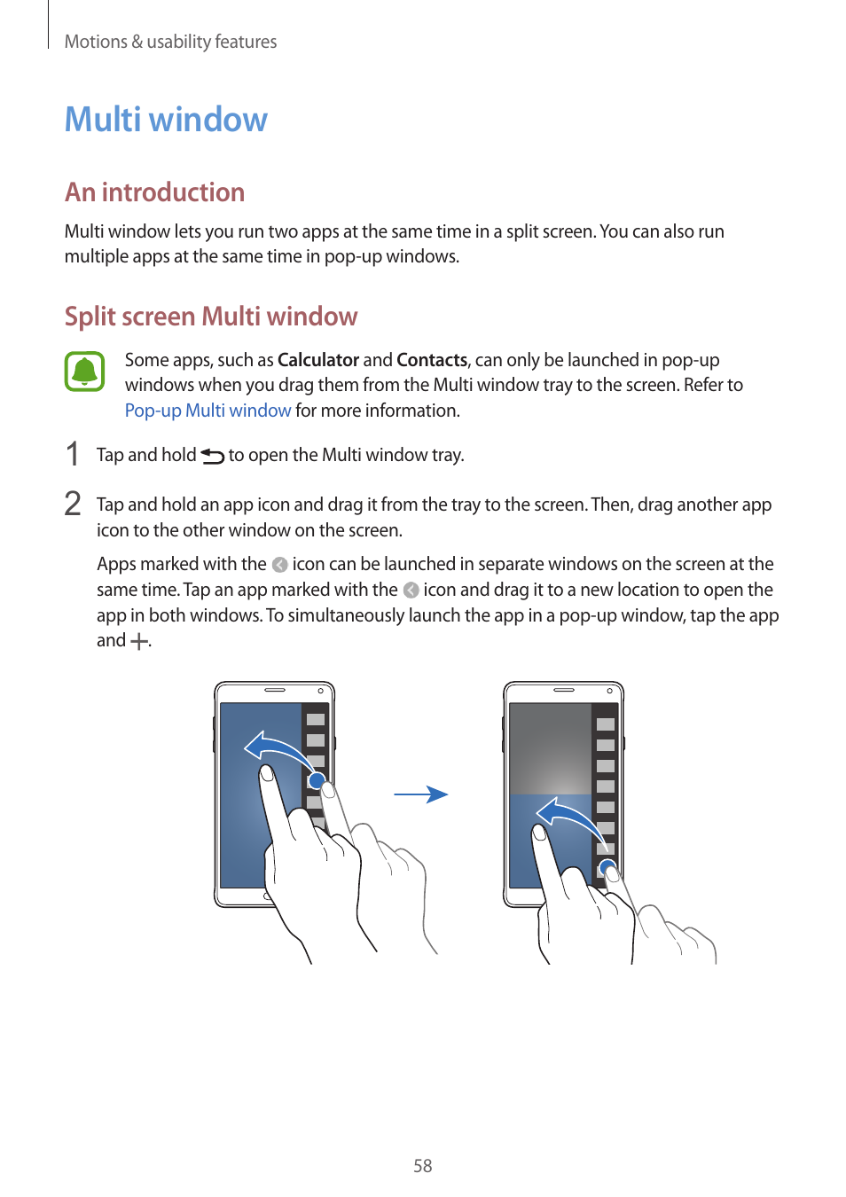 Multi window, 58 multi window, An introduction | Split screen multi window | Samsung Galaxy Note 4 User Manual | Page 58 / 192