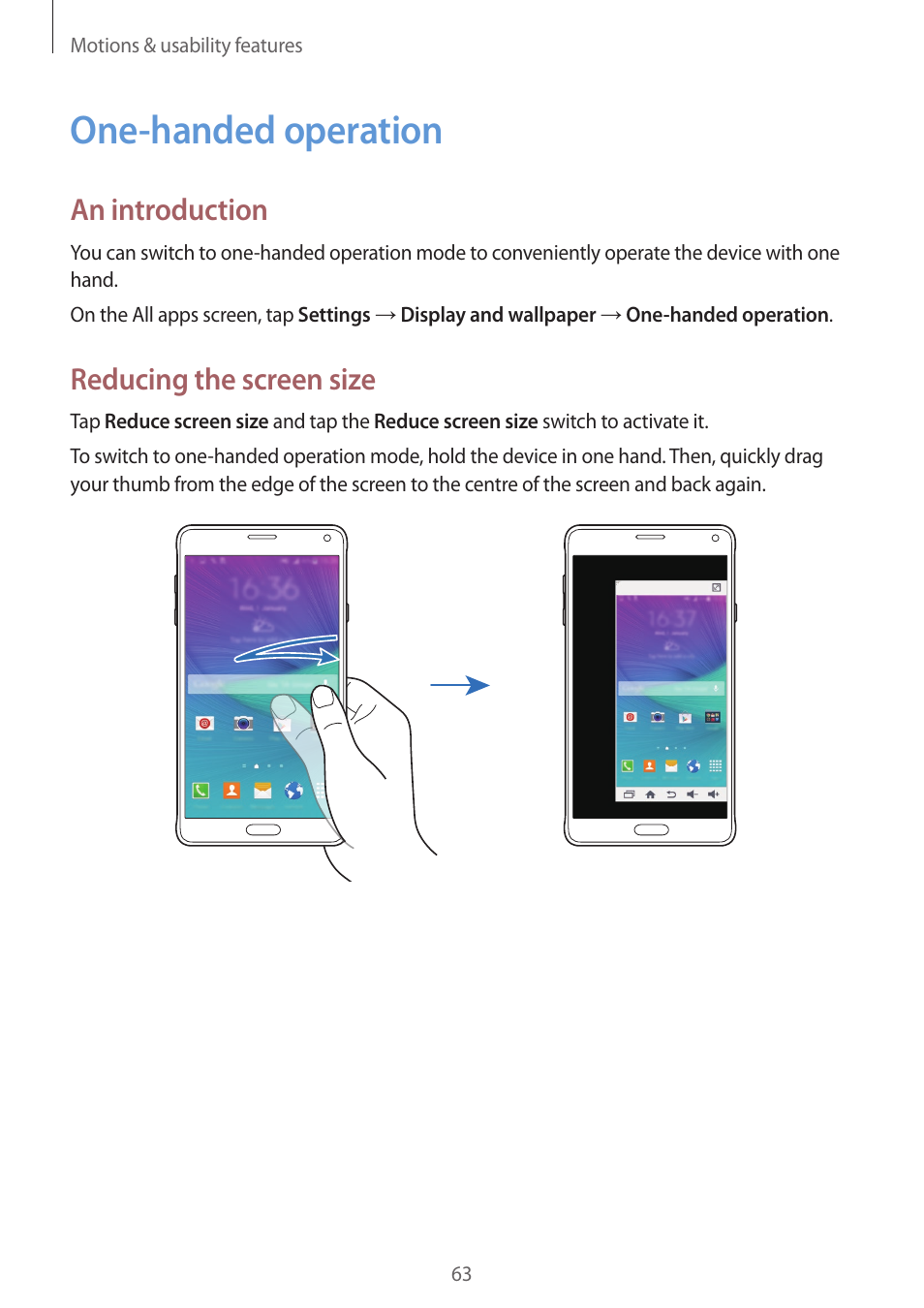 One-handed operation, 63 one-handed operation, An introduction | Reducing the screen size | Samsung Galaxy Note 4 User Manual | Page 63 / 192