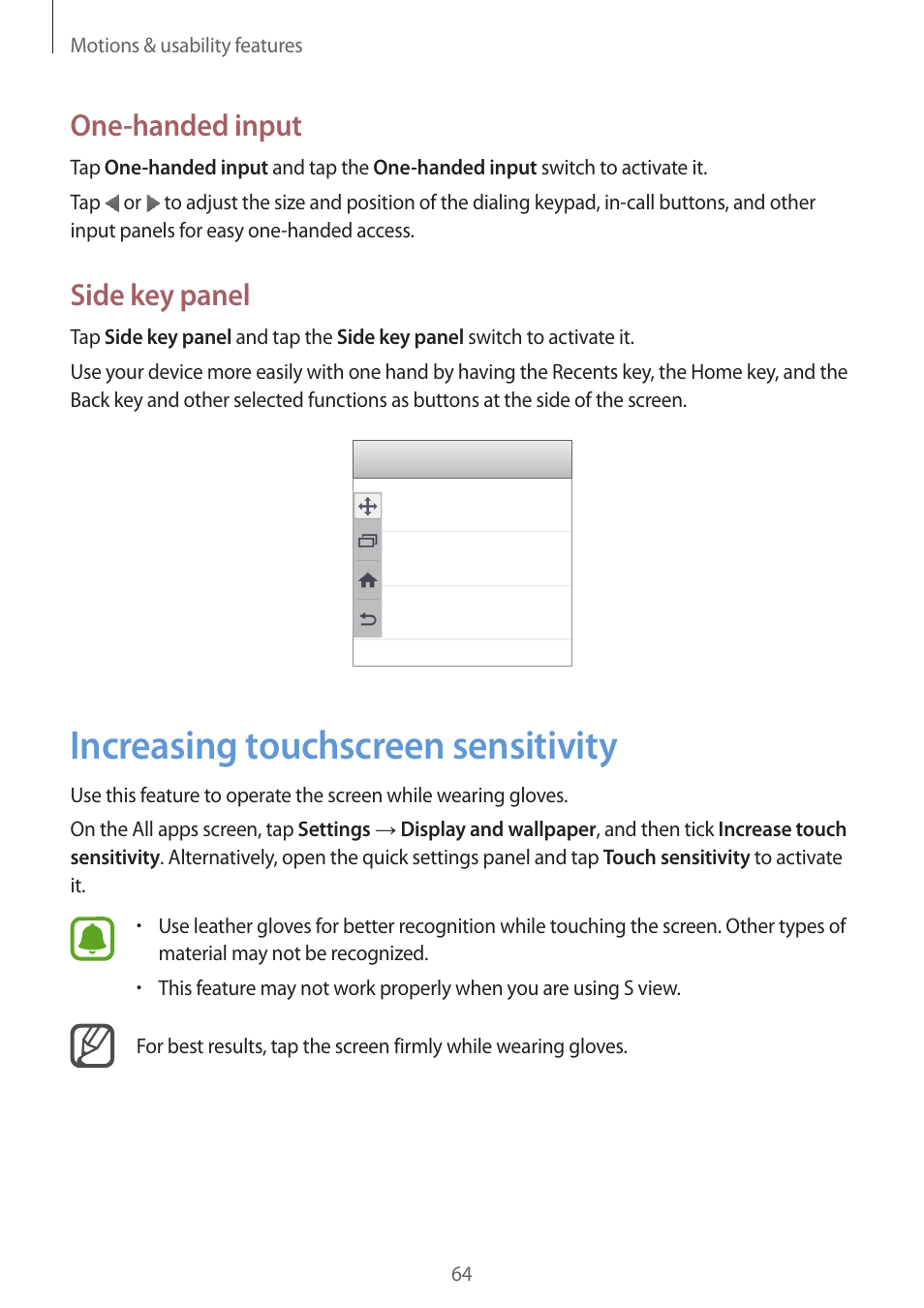 Increasing touchscreen sensitivity, 64 increasing touchscreen sensitivity, One-handed input | Side key panel | Samsung Galaxy Note 4 User Manual | Page 64 / 192