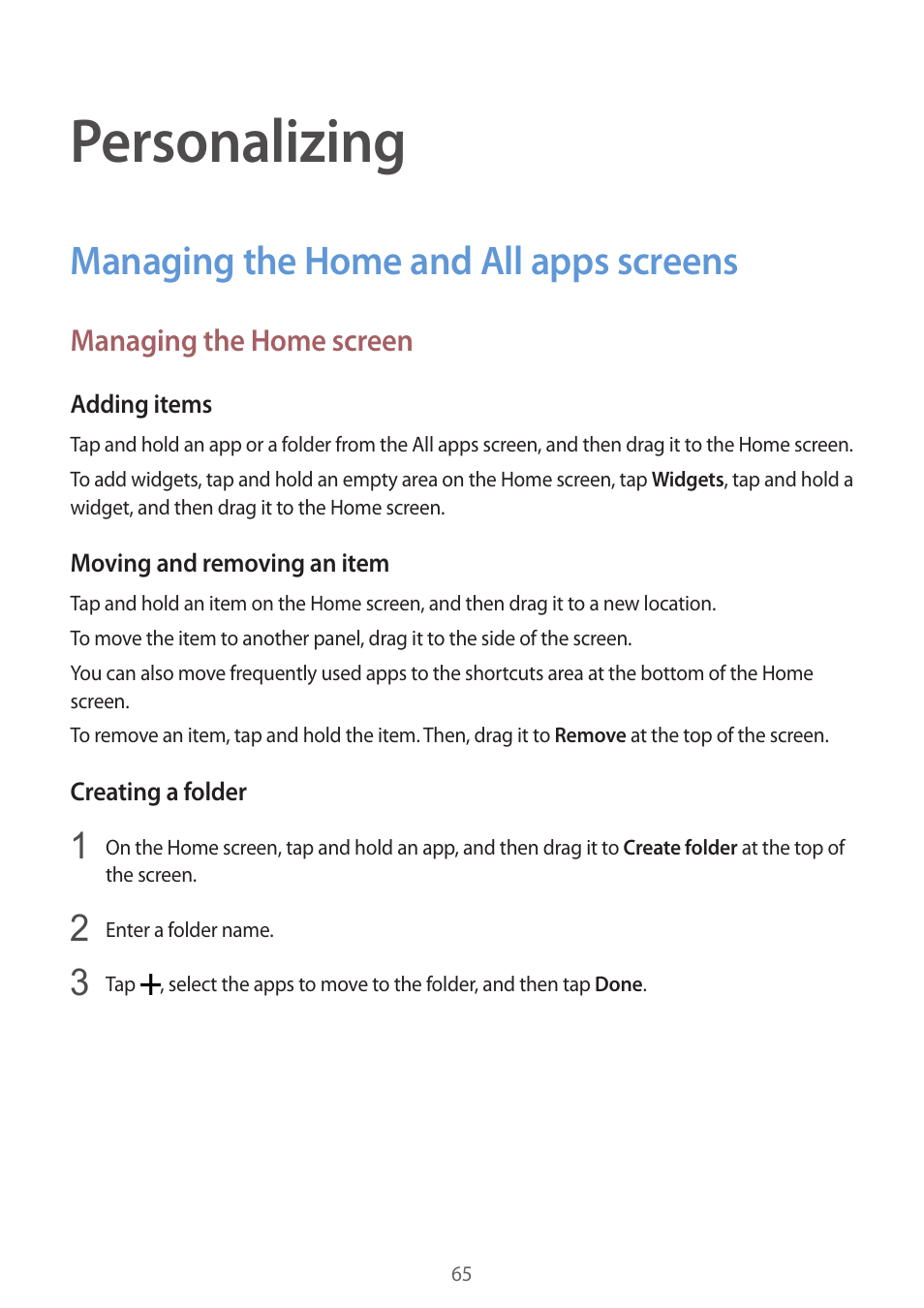 Personalizing, Managing the home and all apps screens, 65 managing the home and all apps | Screens | Samsung Galaxy Note 4 User Manual | Page 65 / 192