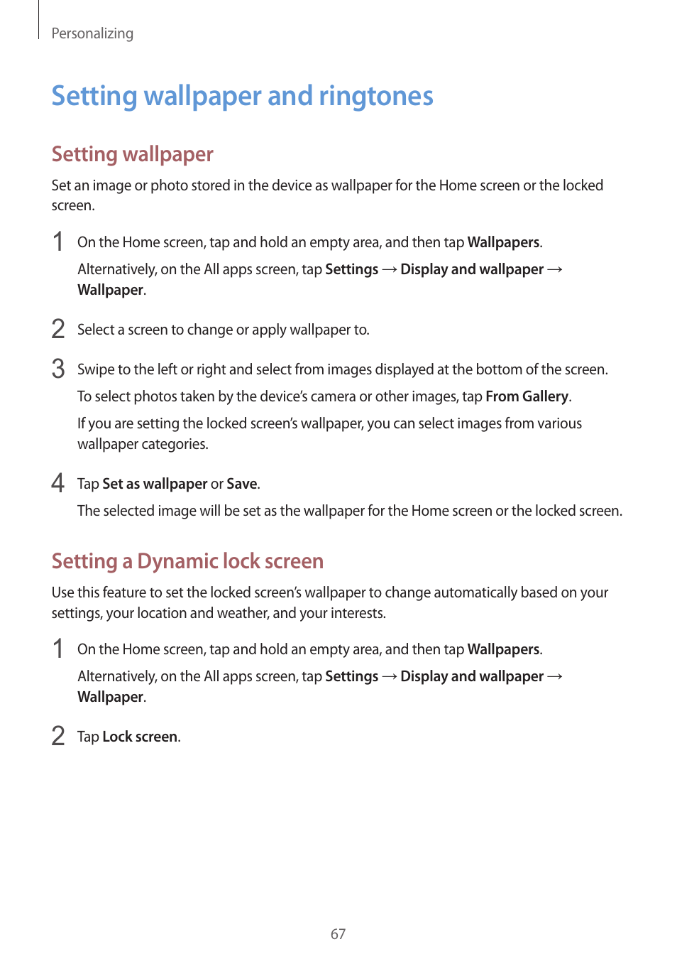 Setting wallpaper and ringtones, 67 setting wallpaper and ringtones, Setting wallpaper | Setting a dynamic lock screen | Samsung Galaxy Note 4 User Manual | Page 67 / 192