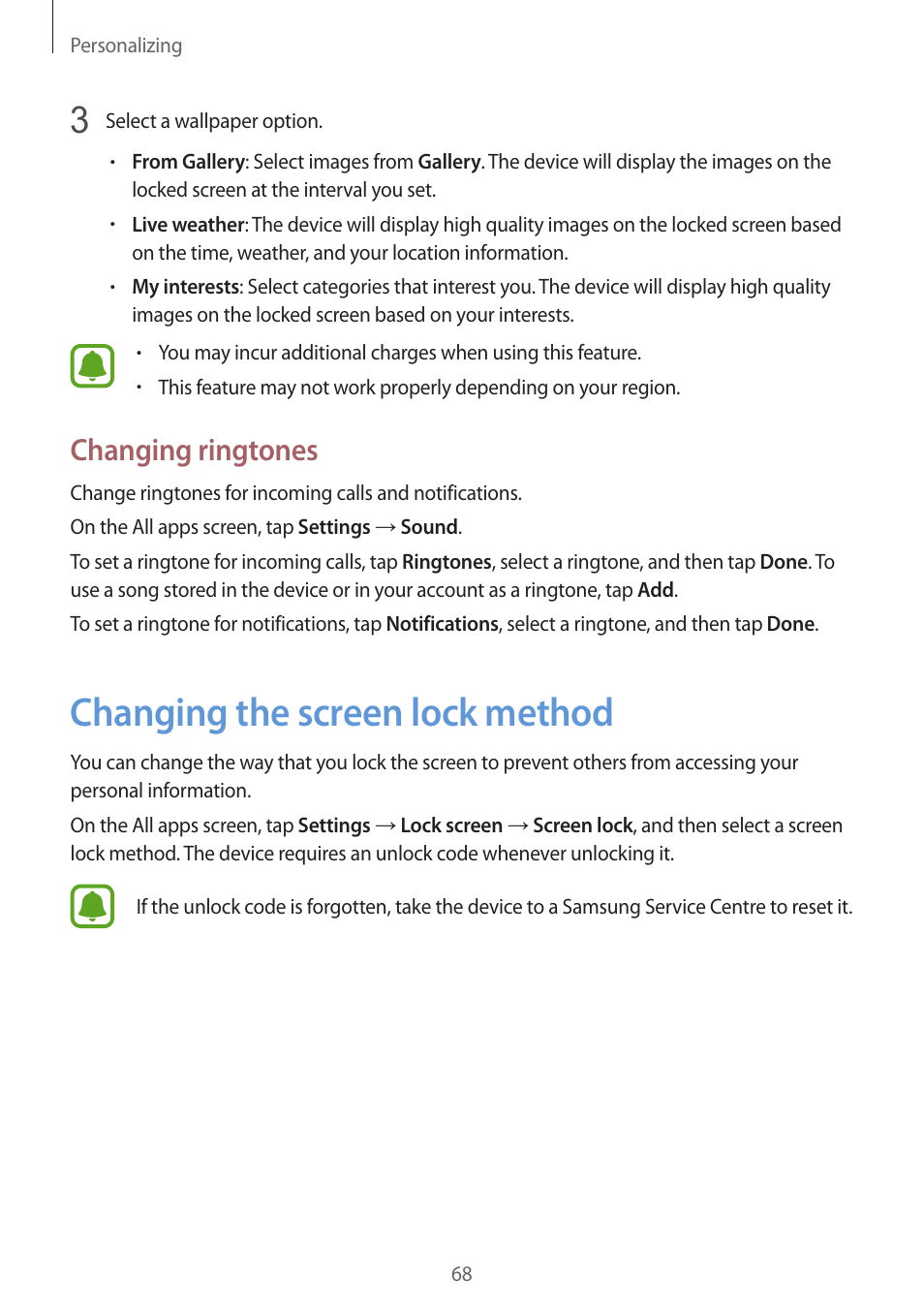 Changing the screen lock method, 68 changing the screen lock method, Changing ringtones | Samsung Galaxy Note 4 User Manual | Page 68 / 192