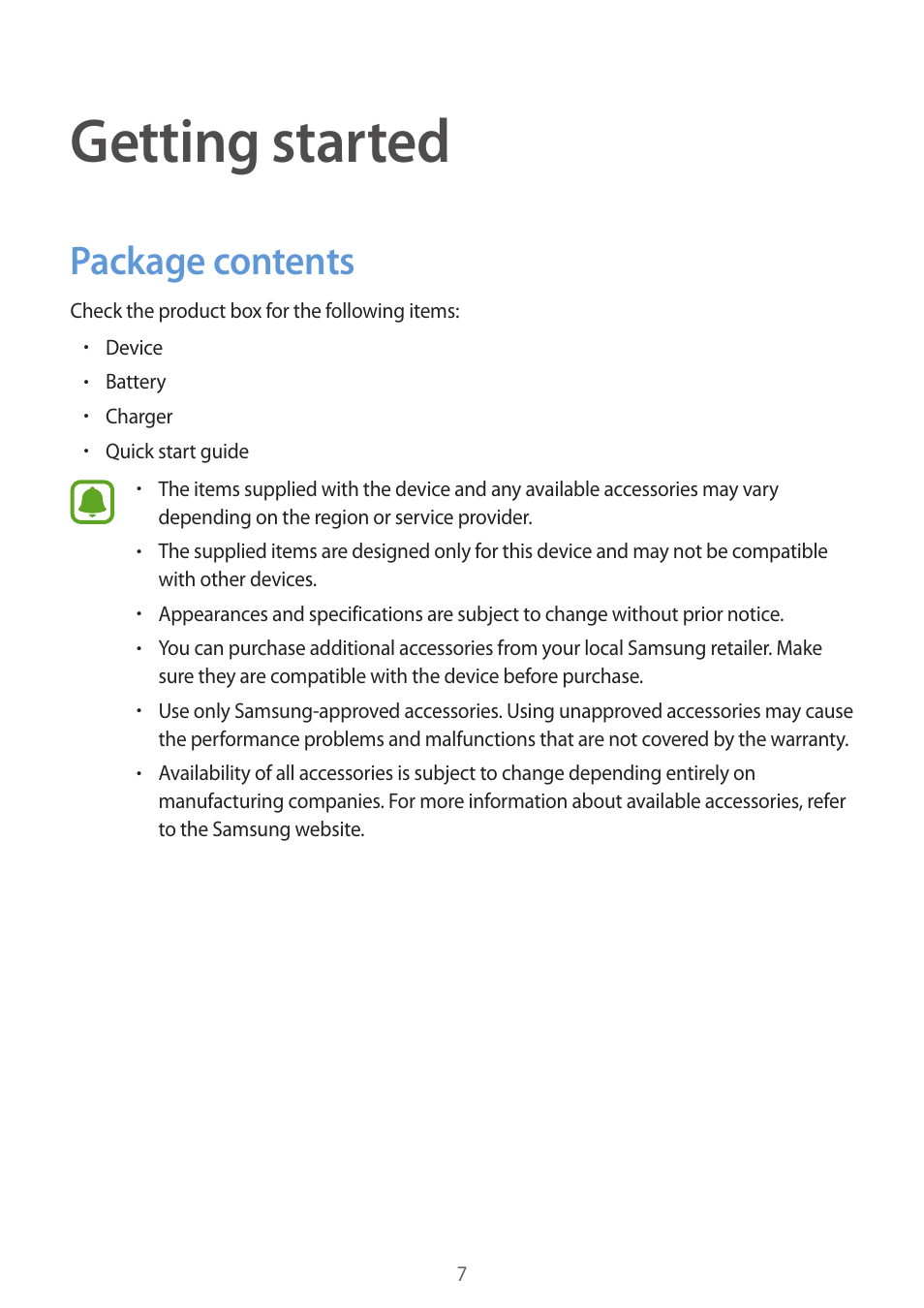 Getting started, Package contents | Samsung Galaxy Note 4 User Manual | Page 7 / 192