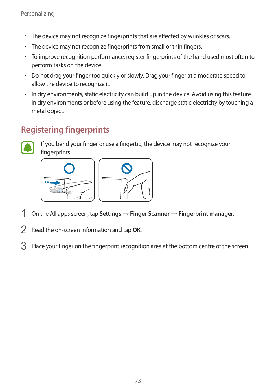 Registering fingerprints | Samsung Galaxy Note 4 User Manual | Page 73 / 192
