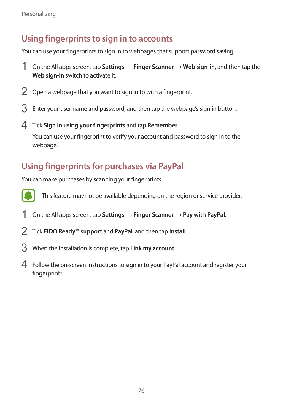 Using fingerprints to sign in to accounts, Using fingerprints for purchases via paypal | Samsung Galaxy Note 4 User Manual | Page 76 / 192