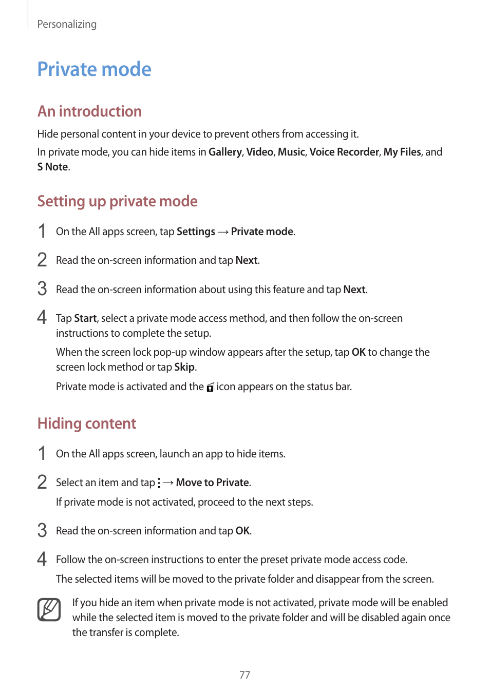 Private mode, 77 private mode | Samsung Galaxy Note 4 User Manual | Page 77 / 192