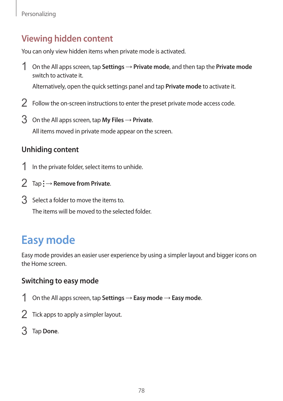 Easy mode, 78 easy mode, Viewing hidden content | Samsung Galaxy Note 4 User Manual | Page 78 / 192