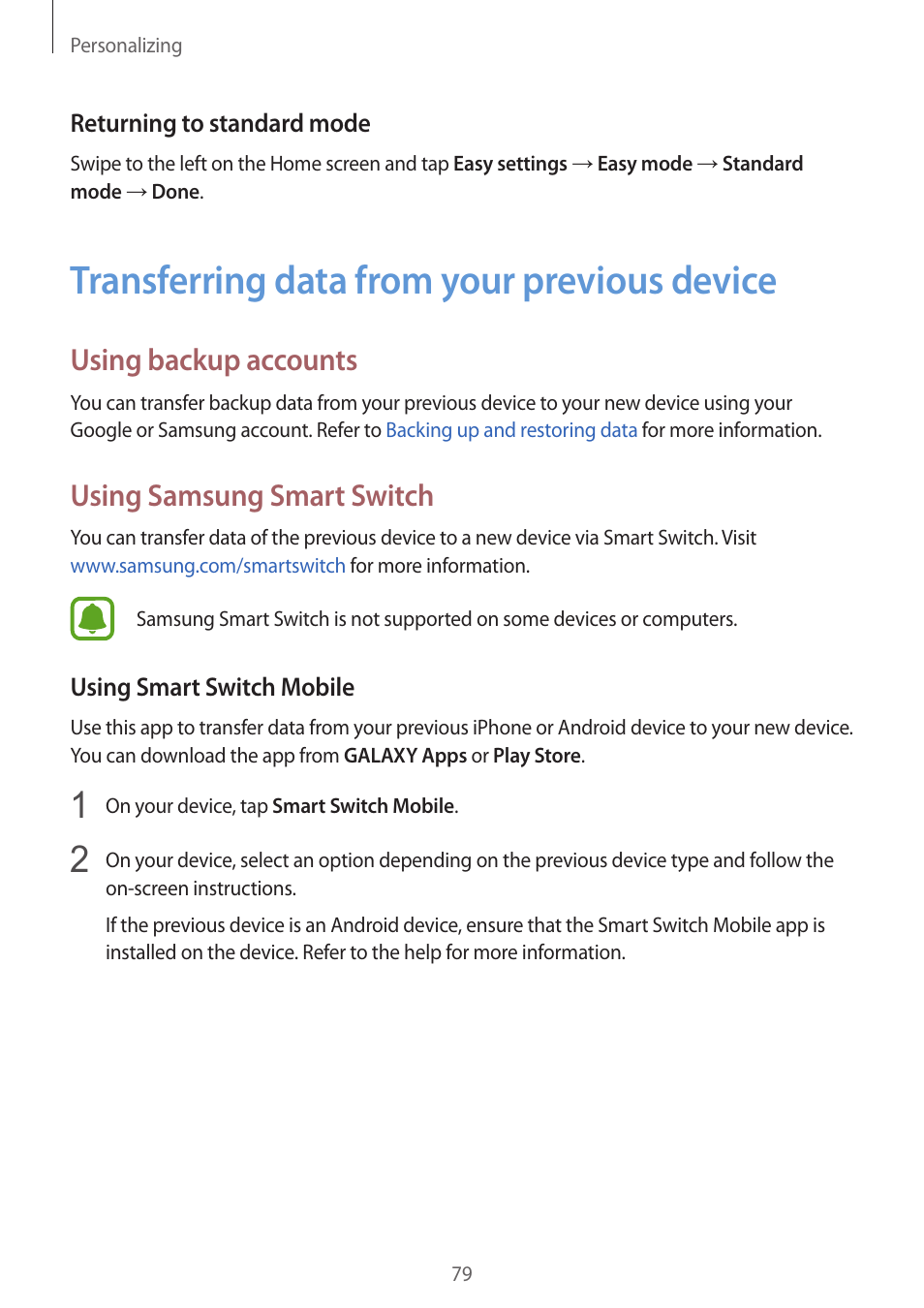 Transferring data from your previous device, 79 transferring data from your previous, Device | Using backup accounts, Using samsung smart switch | Samsung Galaxy Note 4 User Manual | Page 79 / 192