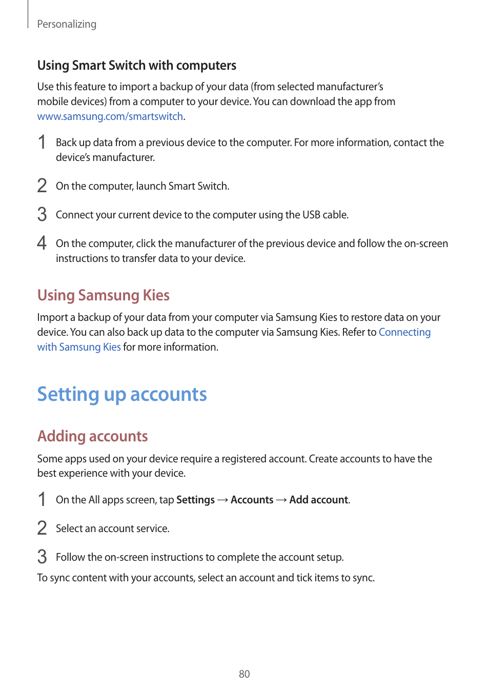 Setting up accounts, 80 setting up accounts, Using samsung kies | Adding accounts | Samsung Galaxy Note 4 User Manual | Page 80 / 192