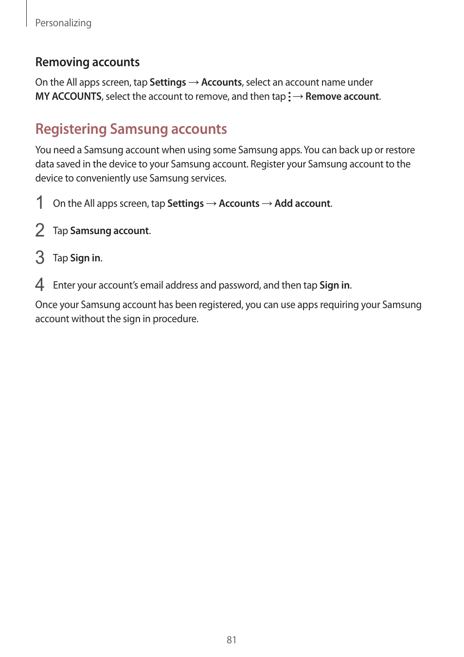 Registering samsung accounts | Samsung Galaxy Note 4 User Manual | Page 81 / 192