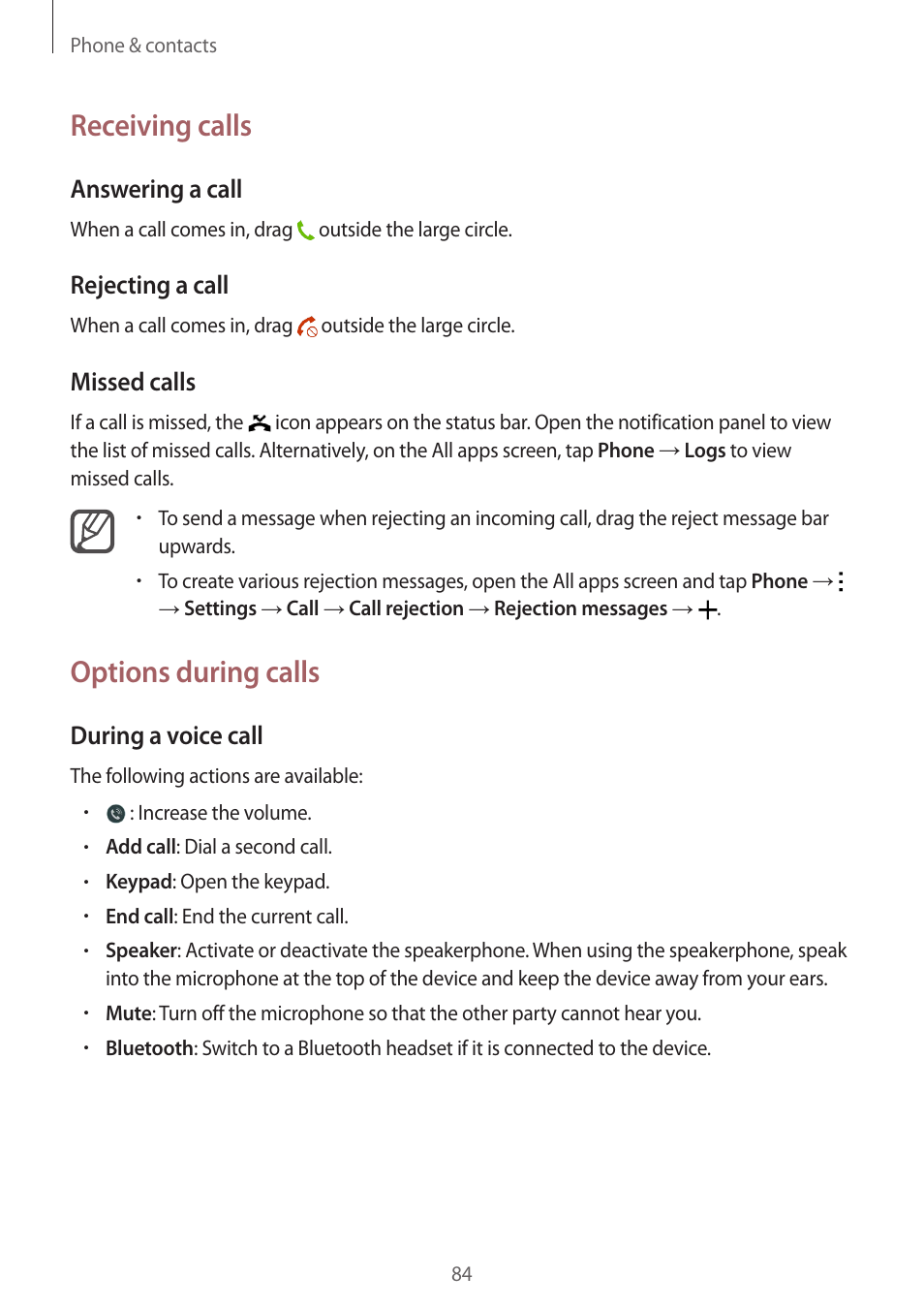 Receiving calls, Options during calls | Samsung Galaxy Note 4 User Manual | Page 84 / 192