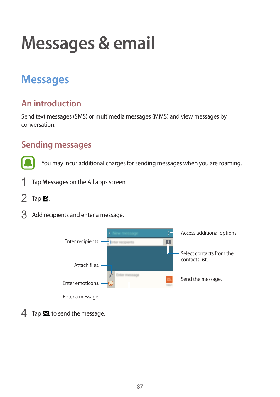 Messages & email, Messages, 87 messages | An introduction, Sending messages | Samsung Galaxy Note 4 User Manual | Page 87 / 192