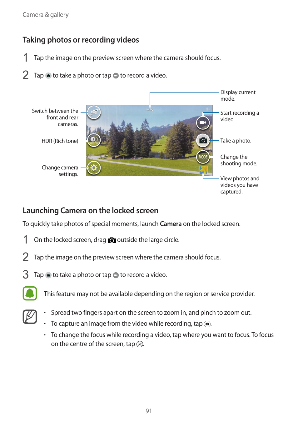 Taking photos or recording videos, Launching camera on the locked screen | Samsung Galaxy Note 4 User Manual | Page 91 / 192