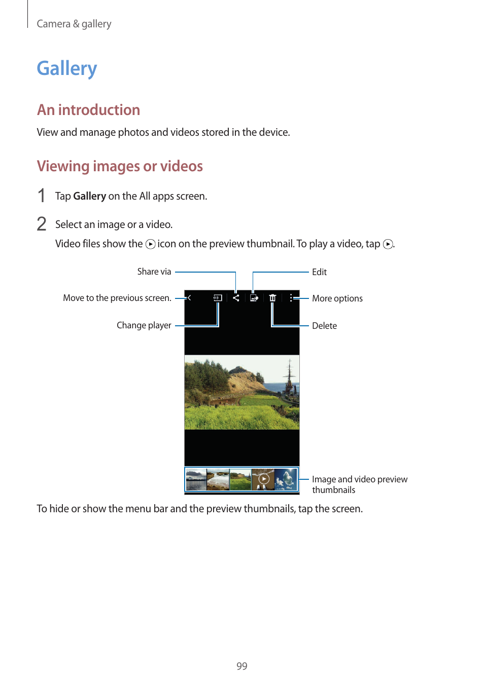 Gallery, 99 gallery, An introduction | Viewing images or videos | Samsung Galaxy Note 4 User Manual | Page 99 / 192