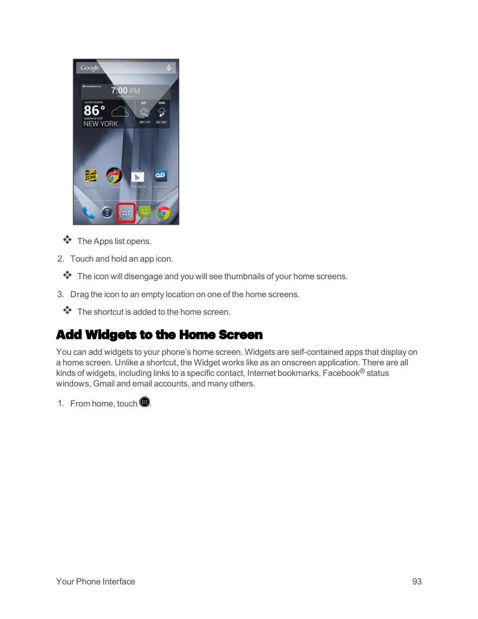 Add widgets to the home screen | Sharp AQUOS Crystal User Manual | Page 102 / 448