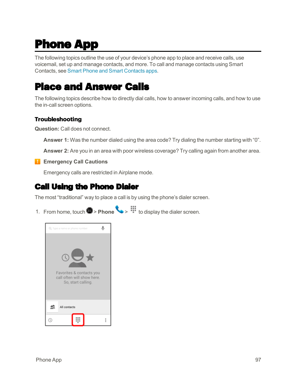 Phone app, Place and answer calls, Call using the phone dialer | Sharp AQUOS Crystal User Manual | Page 106 / 448