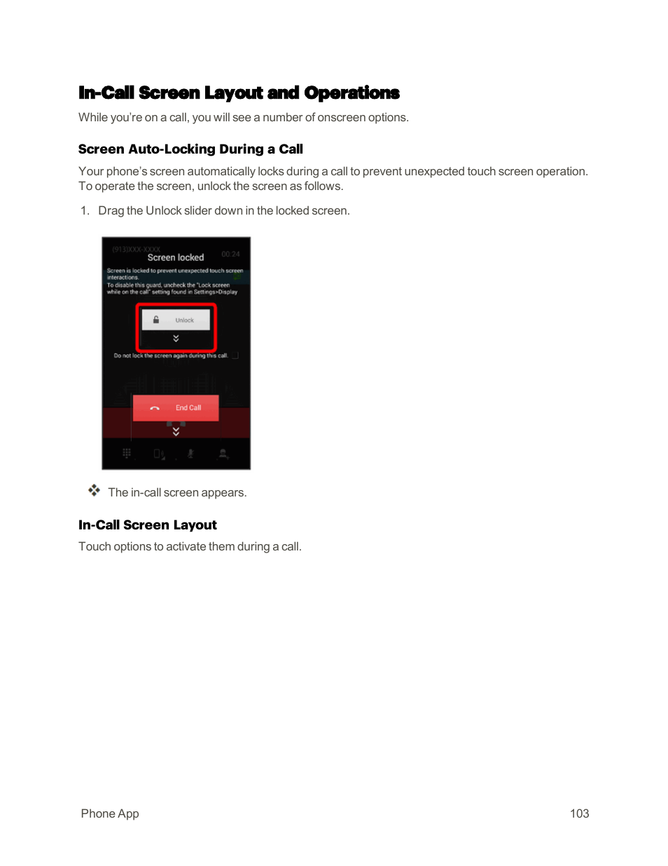 In-call screen layout and operations, Screen auto-locking during a, Call | For details | Sharp AQUOS Crystal User Manual | Page 112 / 448