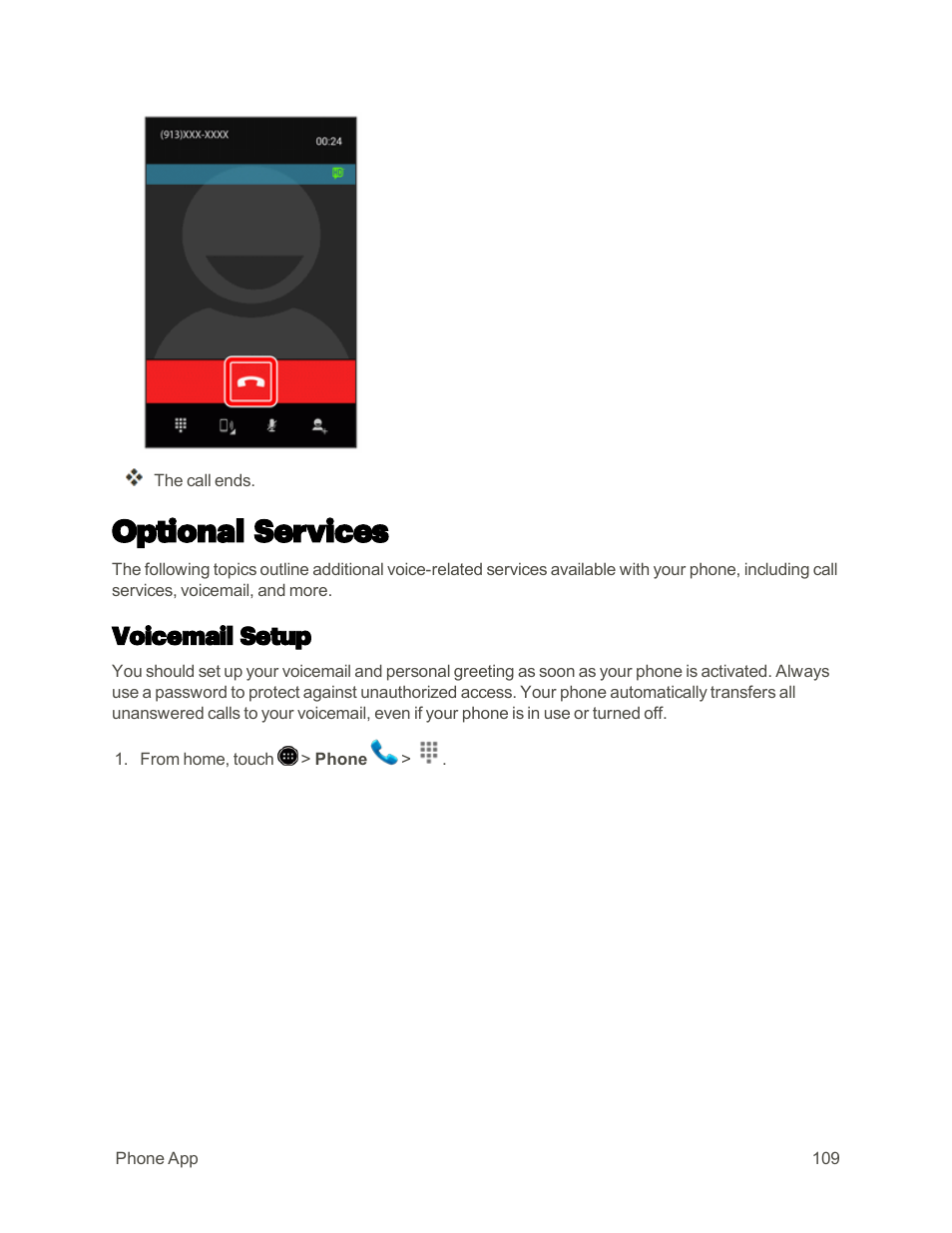 Optional services, Voicemail setup | Sharp AQUOS Crystal User Manual | Page 118 / 448