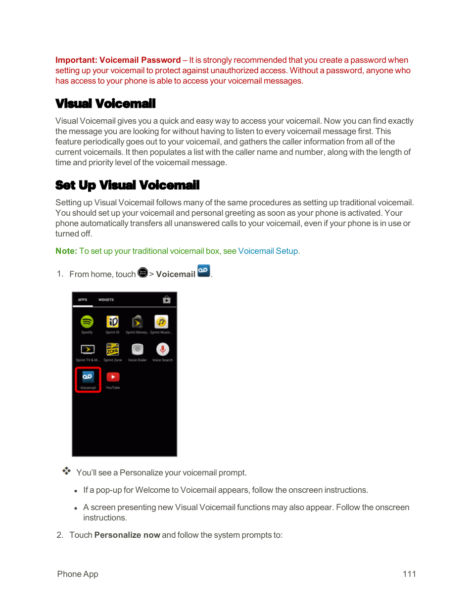 Visual voicemail, Set up visual voicemail | Sharp AQUOS Crystal User Manual | Page 120 / 448