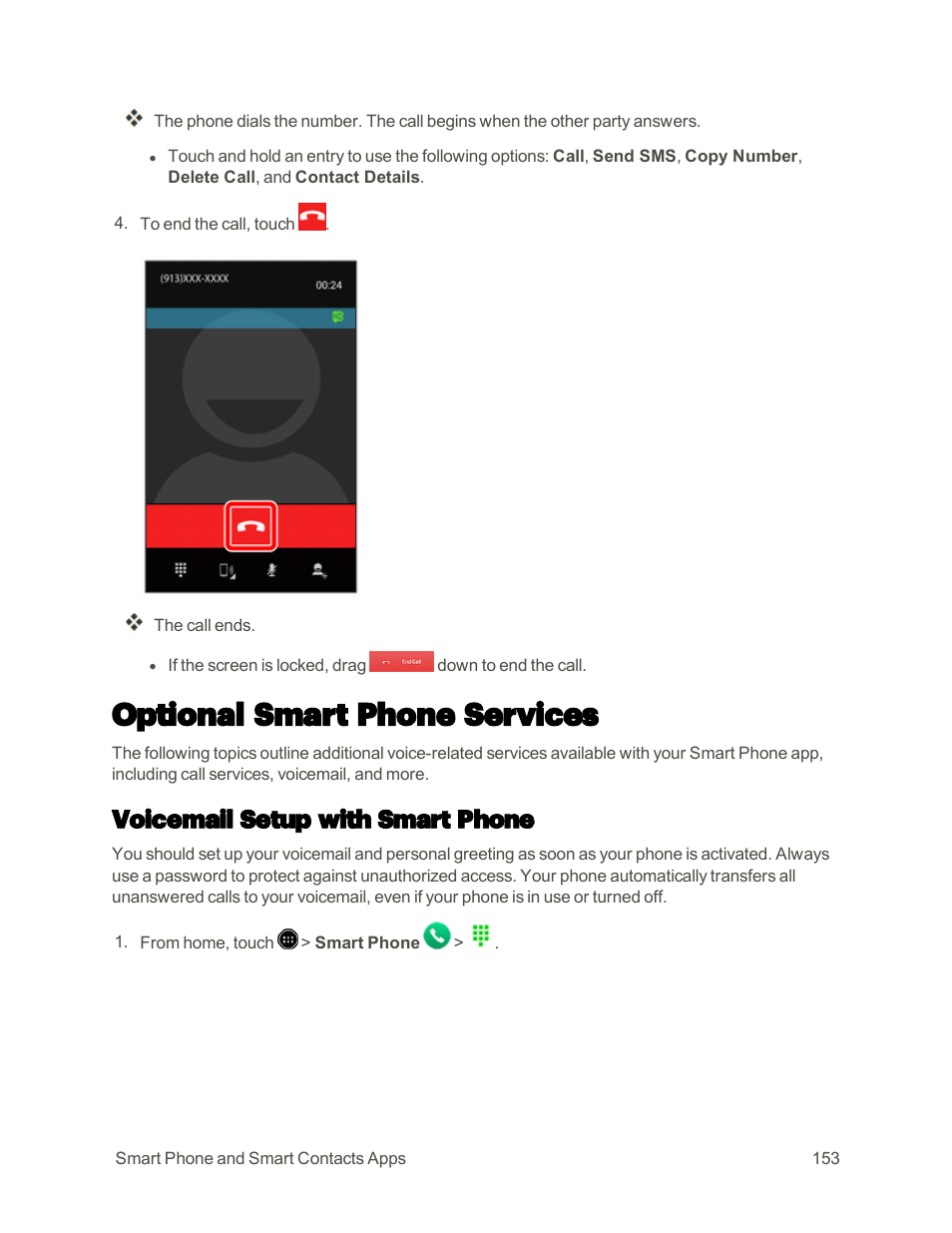 Optional smart phone services, Voicemail setup with smart phone | Sharp AQUOS Crystal User Manual | Page 162 / 448