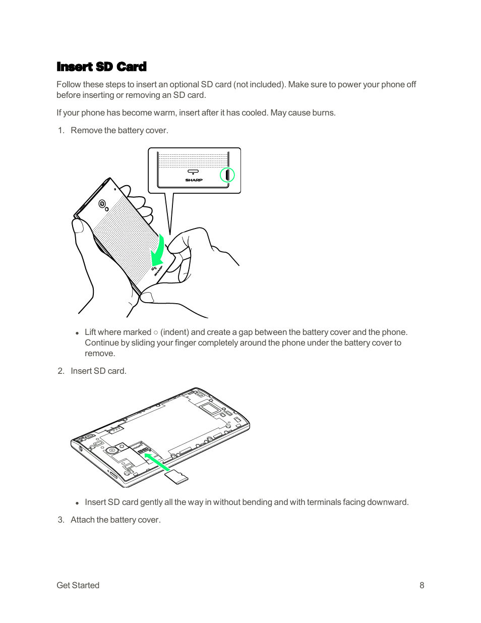 Insert sd card | Sharp AQUOS Crystal User Manual | Page 17 / 448